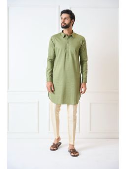 See Designs - Men Olive Regular Pure Cotton Pathani Kurta