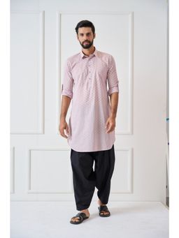 See Designs - Men Baby Pink Regular Pure Cotton Pathani Kurta with Black Salwar (Set of 2)