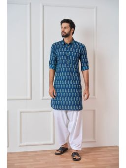 See Designs - Men Indigo Regular Pure Cotton Pathani Kurta with White Salwar (Set of 2)