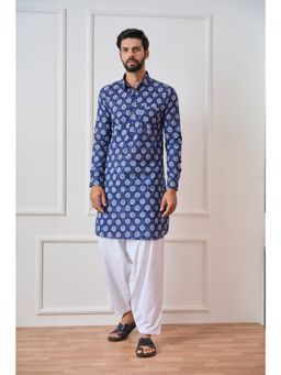 See Designs - Men Indigo Regular Pure Cotton Pathani Kurta with White Salwar (Set of 2)