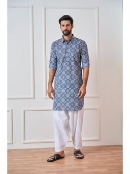 See Designs - Men Indigo Regular Pure Cotton Pathani Kurta with White Salwar (Set of 2)