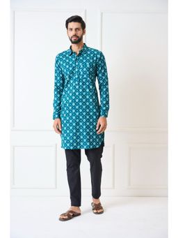 See Designs - Men Teal Blue Regular Pure Cotton Pathani Kurta