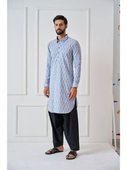 See Designs - Men Blue Regular Pure Cotton Pathani Kurta with Black Salwar (Set of 2)
