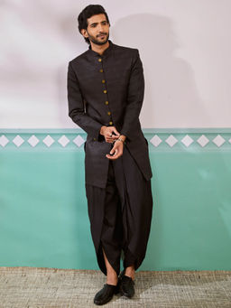 Vastramay - Black Men's Silk Blend Textured Sherwani with Dhoti (Set of 2)