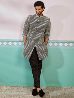 Vastramay - Black Men's Rayon Embroidered Sherwani With Pant (Set of 2)