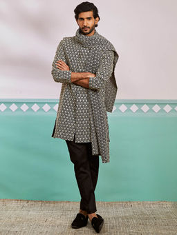 Vastramay - Black Men's Rayon Embroidered Sherwani And Pant Style Pyjama With Dupatta (Set of 3)