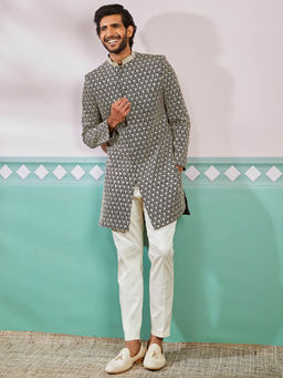 Vastramay - Black Men's Rayon Embroidered Sherwani With Pant (Set of 2)