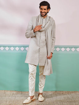 Vastramay - Grey Men's Rayon Embroidered Sherwani And Pant Style Pyjama With Dupatta (Set of 3)