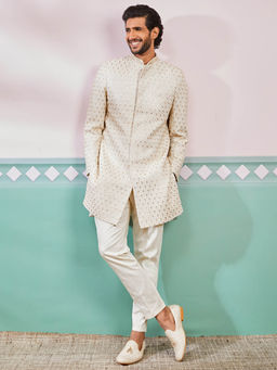 Vastramay - Off White Men's Rayon Embroidered Sherwani With Pant (Set of 2)