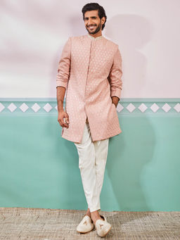 Vastramay - Peach Men's Rayon Embroidered Sherwani With Pant (Set of 2)