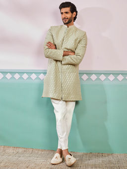 Vastramay - Green Men's Rayon Embroidered Sherwani With Pant (Set of 2)