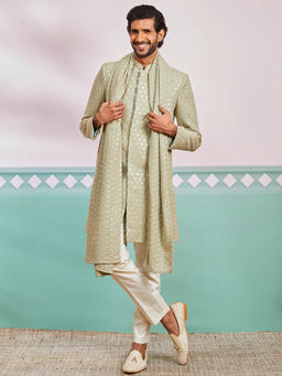 Vastramay - Green Men's Rayon Embroidered Sherwani And Pant Style Pyjama With Dupatta (Set of 3)