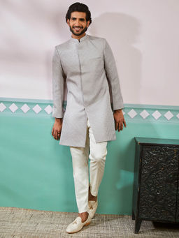 Vastramay - Silver Men's Silk Blend Woven Sherwani With Pant (Set of 2)