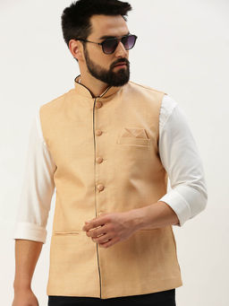 SHOWOFF - Mens Solid Mandarin Collar Peach Slim Fit Nehru Jacket