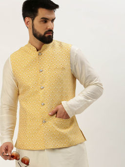 SHOWOFFFF - Mens Woven Design Mandarin Collar Yellow Slim Fit Nehru Jacket