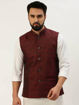 SHOWOFFFF - Mens Woven Design Mandarin Collar Maroon Slim Fit Nehru Jacket
