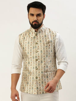 SHOWOFF - Mens Printed Mandarin Collar Beige Slim Fit Nehru Jacket