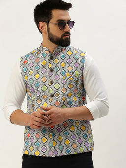 SHOWOFF - Mens Printed Mandarin Collar Multi Slim Fit Nehru Jacket