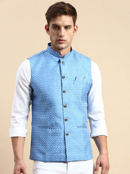 SHOWOFFFF - Mens Printed Mandarin Collar Blue Slim Fit Nehru Jacket