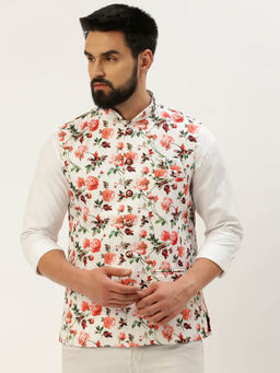 SHOWOFFFF - Mens Printed Mandarin Collar White Slim Fit Nehru Jacket