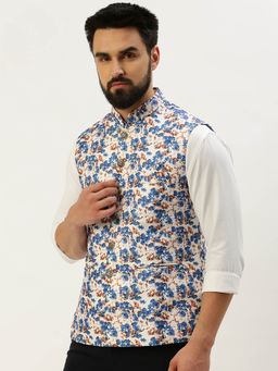 SHOWOFF - Mens Printed Mandarin Collar Blue Slim Fit Nehru Jacket