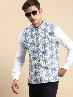 SHOWOFFFF - Mens Printed Mandarin Collar White Slim Fit Nehru Jacket