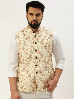 SHOWOFFFF - Mens Printed Mandarin Collar Cream Slim Fit Nehru Jacket