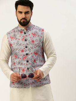 SHOWOFF - Mens Printed Mandarin Collar Grey Slim Fit Nehru Jacket