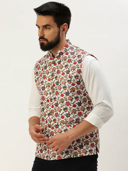 SHOWOFFFF - Mens Printed Mandarin Collar White Slim Fit Nehru Jacket