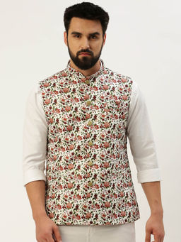 SHOWOFFFF - Mens Printed Mandarin Collar White Slim Fit Nehru Jacket