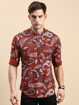 SHOWOFFFF - Mens Mandarin Collar Above Knee Brown Straight Kurta