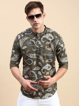 SHOWOFFFF - Mens Mandarin Collar Above Knee Olive Straight Kurta