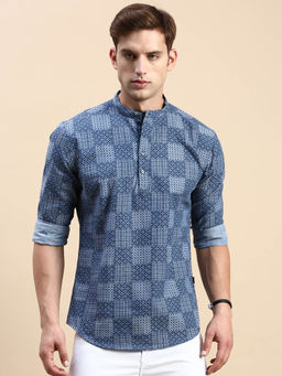 SHOWOFFFF - Mens Mandarin Collar Above Knee Blue Straight Kurta