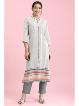 Aurelia - Grey Micro-Striped Straight Kurta and Trouser Set (Set of 2)