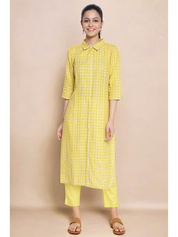 Aurelia - Yellow Pure Cotton Straight Kurta and Trouser Set (Set of 2)