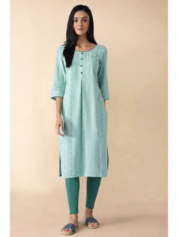 Aurelia - Green Yarn Dyed Pure Cotton Straight Kurta and Legging Set (Set of 2)