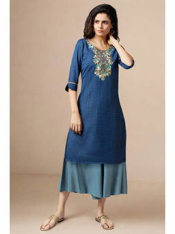 Aurelia - Blue Printed Yoke Embroidered Kurta and Palazzo Set (Set of 2)