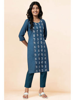 Aurelia - Blue Thread Embroidery Pure Cotton Straight Kurta and Trouser Set (Set of 2)