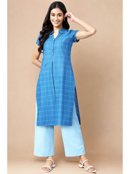 Aurelia - Blue Checked Cotton Short Sleeves Kurta and Palazzo Set (Set of 2)