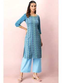 Aurelia - Blue Yarn Dyed Straight Kurta and Palazzo Set (Set of 2)