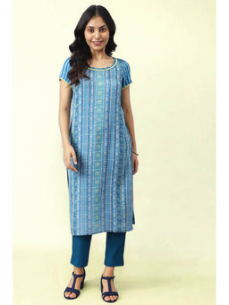 Aurelia - Blue Yarn Dyed Straight Kurta and Trouser Set (Set of 2)