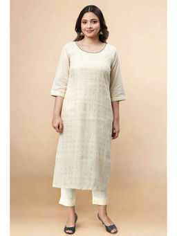 Aurelia - Off White Beads Cotton Blend Straight Kurta and Trouser Set (Set of 2)