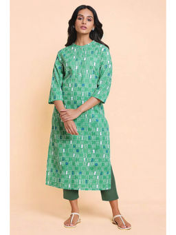 W - Green Printed Pure Cotton Straight Kurta and Parallel Pant Set (Set of 2)