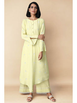 W - Yellow High Low Hem Printed Kurta and Parallel Pant Set (Set of 2)