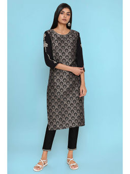 W - Black Metallic Embroidery Cotton Blend Straight Kurta and Slim Pant Set (Set of 2)