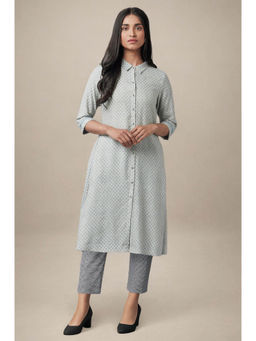 W - Grey Printed Rayon A-Line Shirt Kurta and Slim Pant Set (Set of 2)