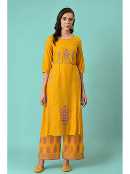 W - Yellow Thread Embroidery Kurta and Parallel Pant Set (Set of 2)