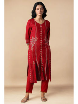 W - Red Straight Kurta and Slim Pant Set (Set of 2)