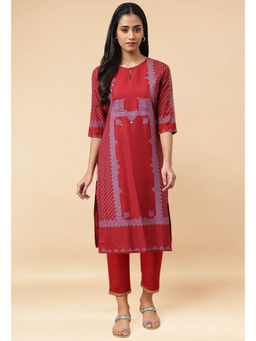 W - Red Printed Kurta and Slim Pant Set (Set of 2)