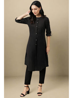 W - Black Cotton Roll Up Sleeves Kurta and Slim Pant Set (Set of 2)